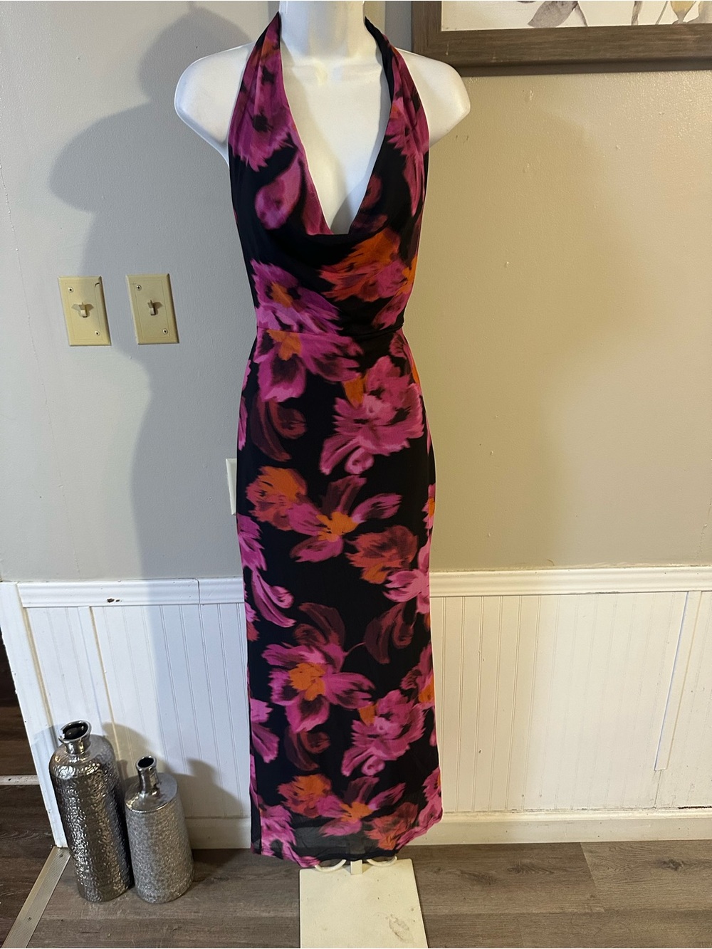 Halter Floral Midi Dress in Black and Pink